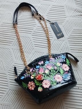 Sharif Vintage Legacy Patent Convertible Shoulder Bag with  Floral Embroidery